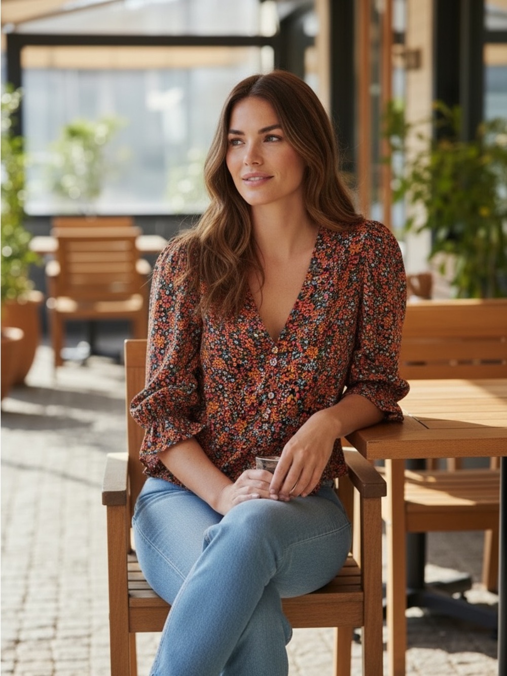 Free People orange Floral Button-Front V-Neck Blouse